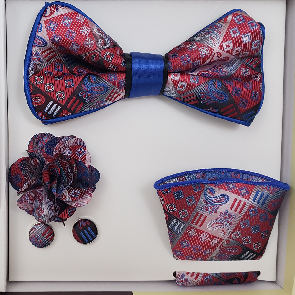 Blue Red Bow Tie & Necktie Bud Hanky CuffLink Set - Picture 3 of 8